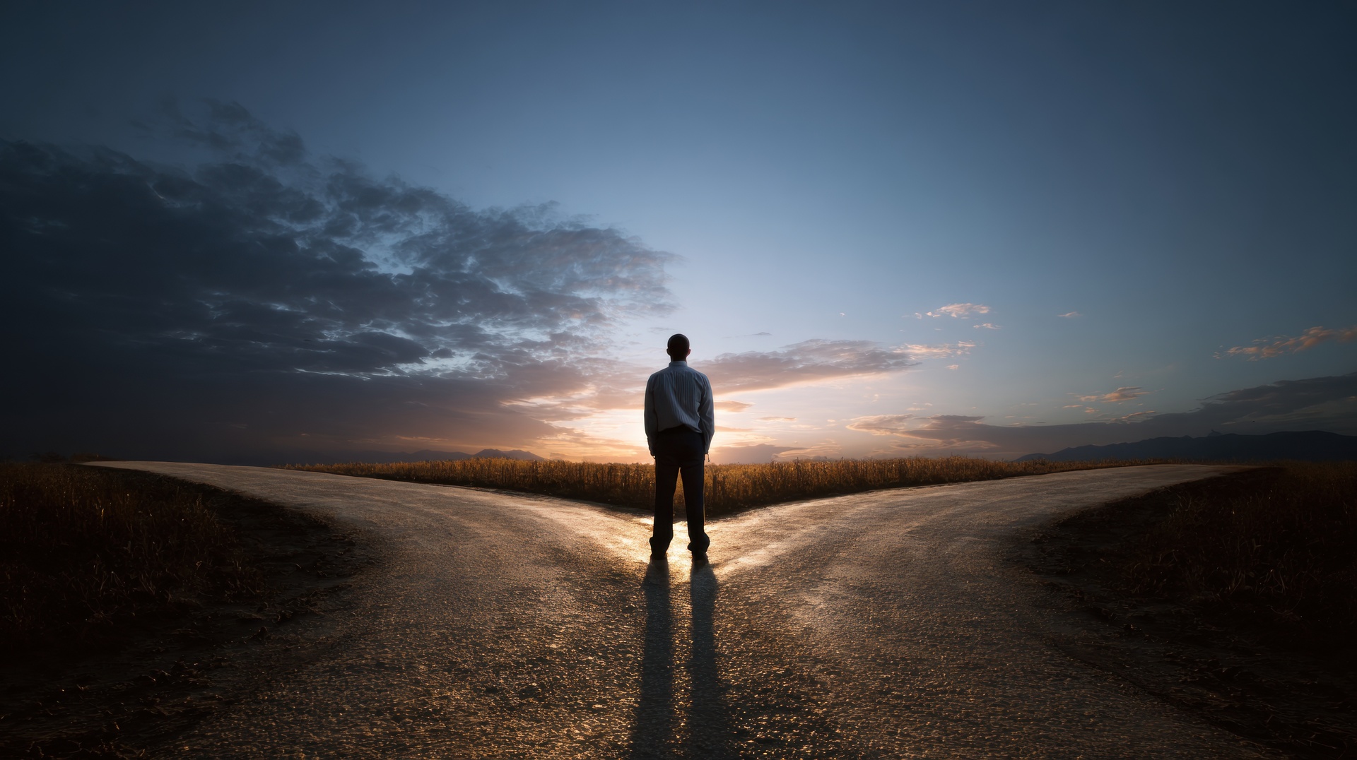 man standing a intersection of two paths